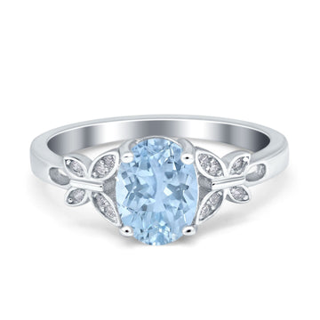 Butterfly Accent Oval Wedding Bridal Ring Simulated Aquamarine CZ 925 Sterling Silver